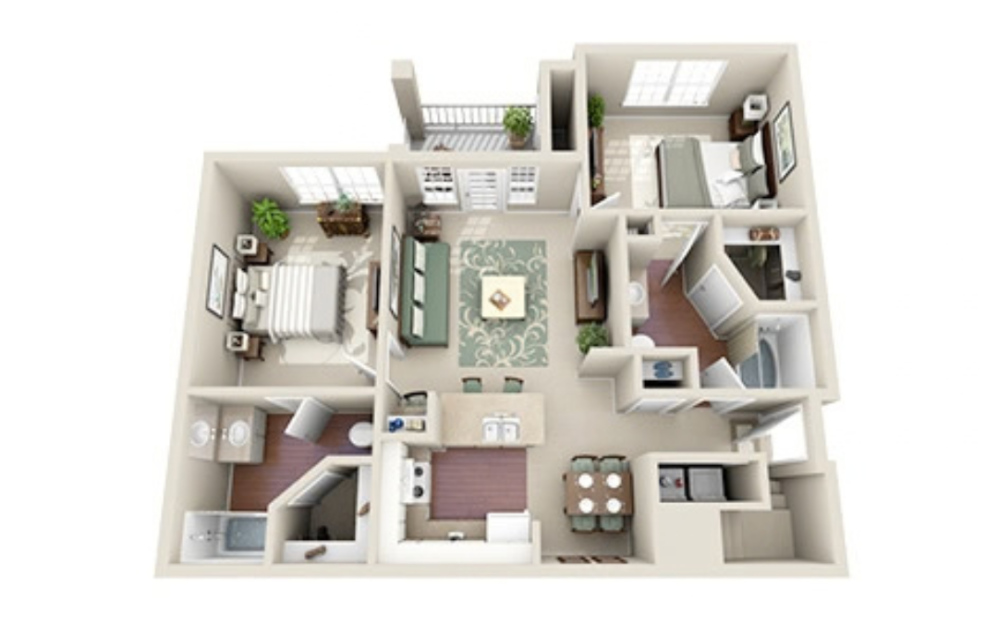 B4 - 2 bedroom floorplan layout with 2 bathrooms and 1431 square feet