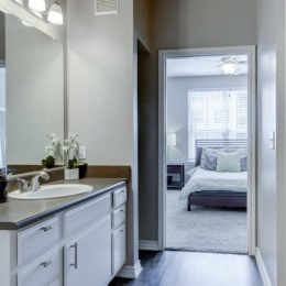 a bathroom with a single vanity and a large mirror